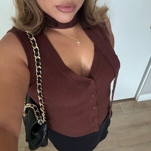 Brown Ribbed Buttoned Sleeveless Tank Top